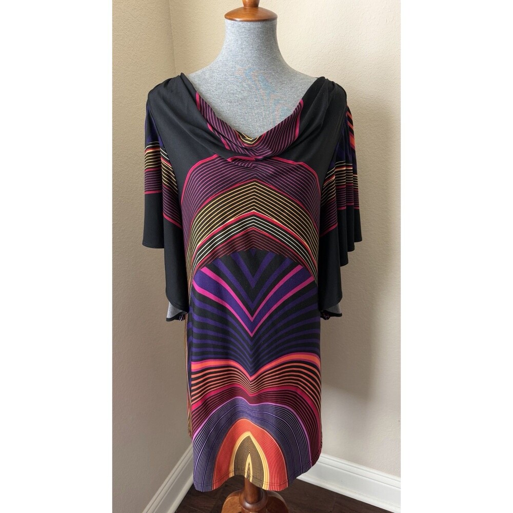 Uncle Frank Size Medium Black Geometric Print Cowl Neck Flutter Sleeve Dress